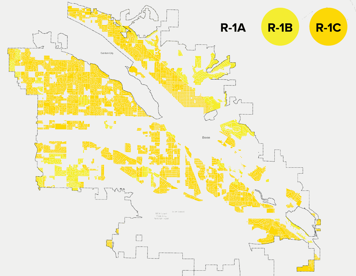 Map of Boise indicating residential zoning districts R-1A, R-1B and R-1C.