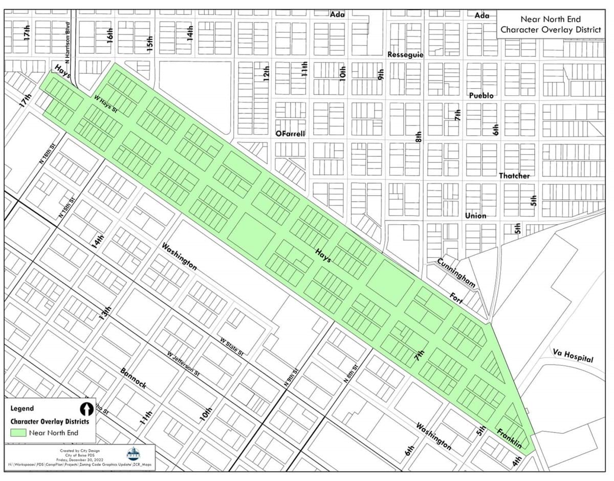 Depiction of Character Overlay Districts Map highlighting included area from West Fort Street east to 17th Street and including Hays and Franklin from North to South.