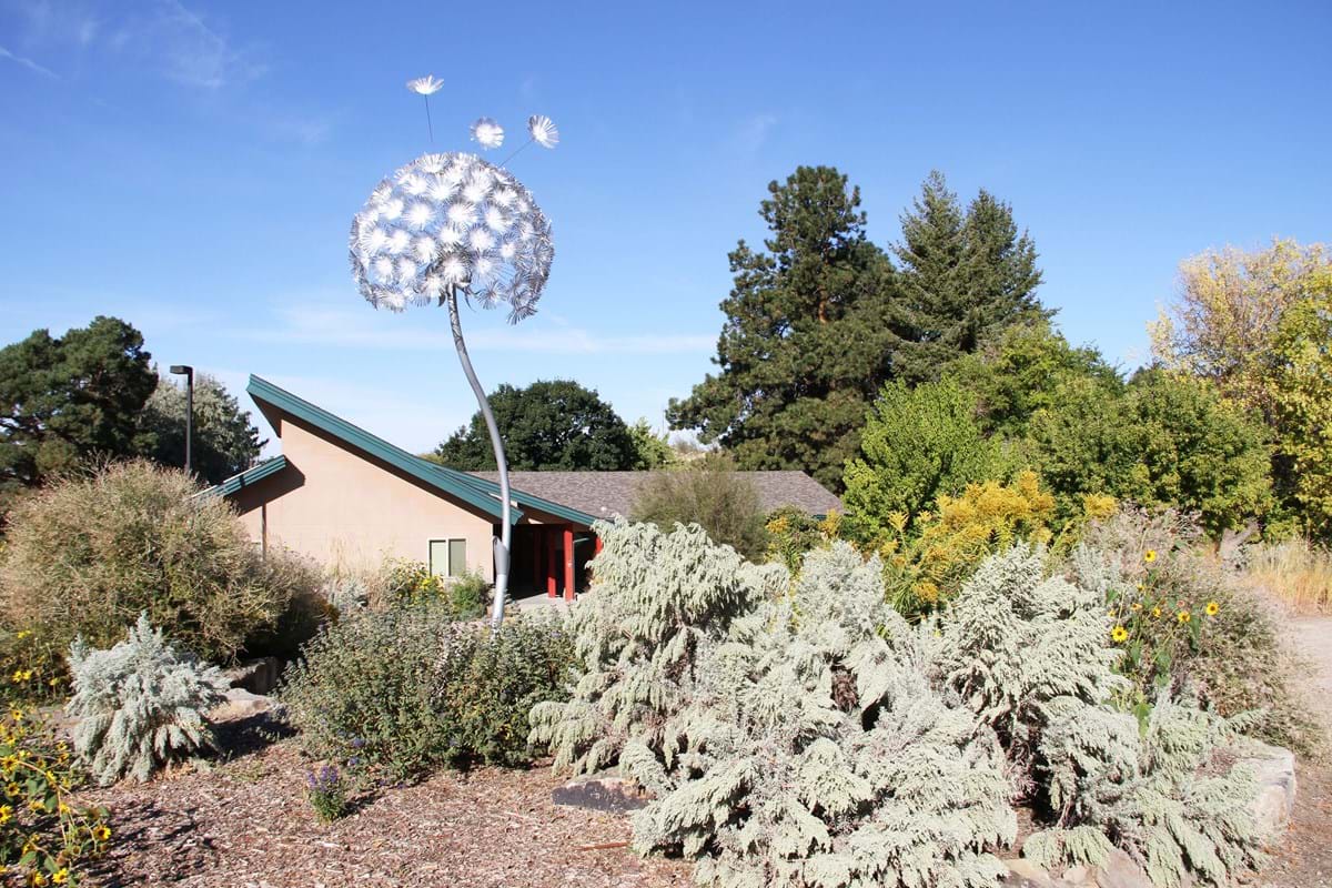Foothills Learning Center facility with a large metal dandelion sculpture in front.